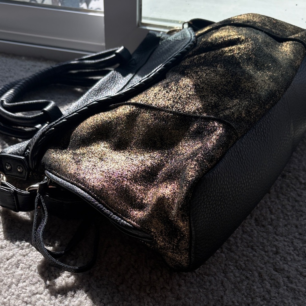 Aimee Kestenberg Black and Metallic Gold Shoulder Bag with Top Handles - Picture 2 of 12